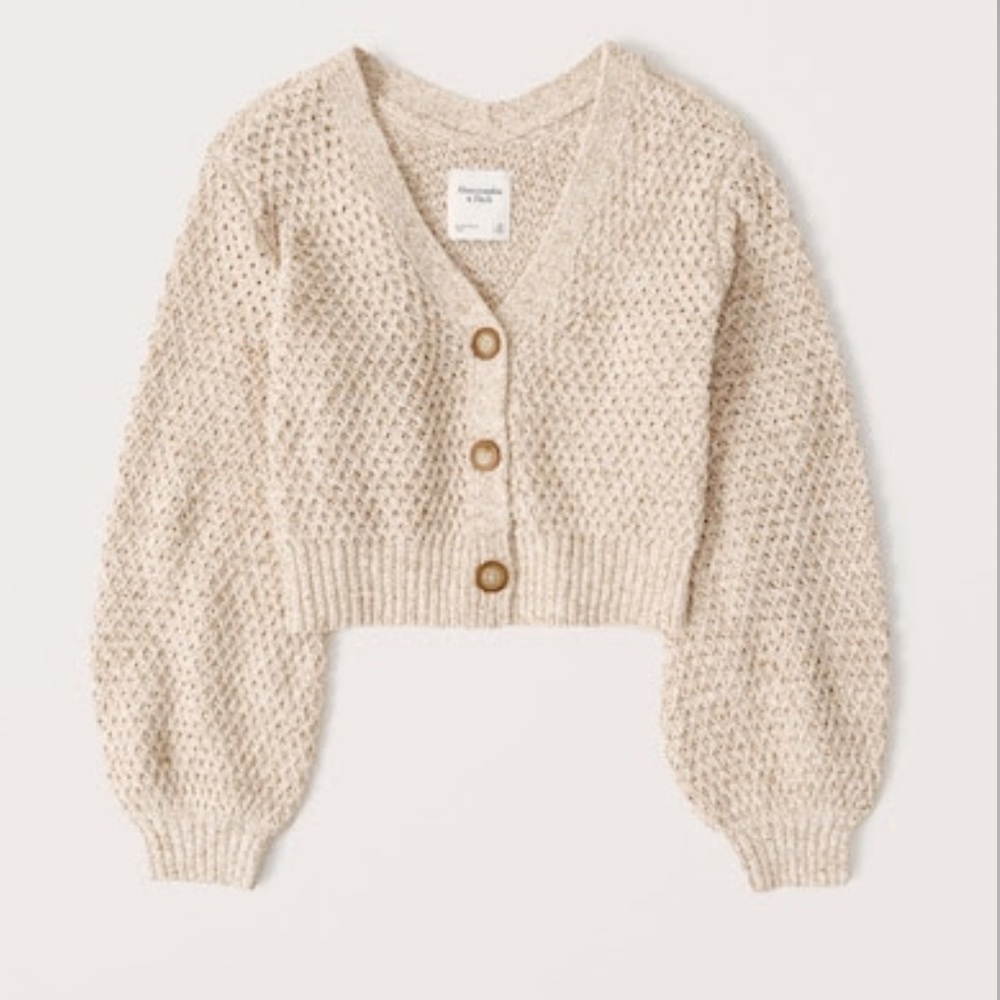 Abercrombie & Fitch Cardigan Beige Medium Puffy Sleeves Crop Short Button down